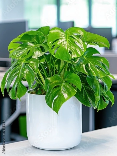 Fototapeta Vibrant Monstera Deliciosa Plant in Sleek White Pot on Pristine Surface in Sunlit Scandinavian Office Environment Design