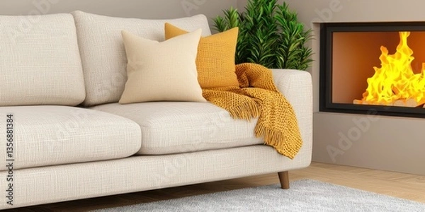 Fototapeta Tranquil living room decor featu soft beige tones with a comfortable sofa adorned with cream and mustard cushions and throw