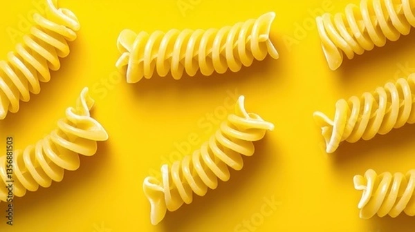 Fototapeta Golden fusilli pasta twists beautifully on a bright yellow background glowing warmly in ambient light for photography purposes