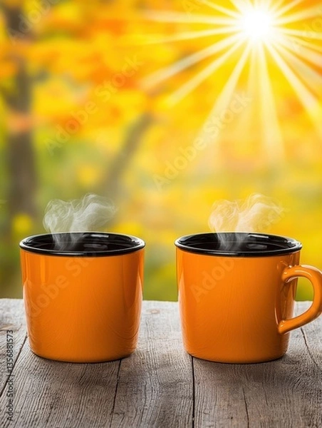 Fototapeta Two steaming orange mugs resting on a wooden surface in warm morning light with a beautifully blurred autumnal background