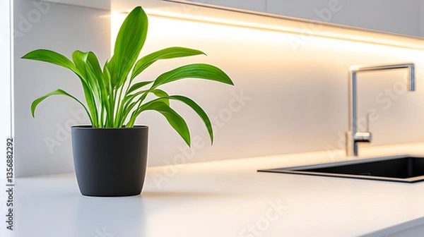 Fototapeta An LED strip must be correctly mounted on the cabinet surface of the kitchen set in order to provide lighting 