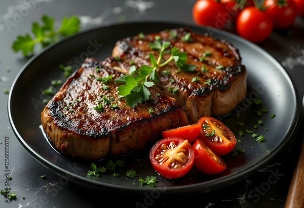 Obraz Perfectly Cooked Steak with Fresh Garnishes on Dark Marble Surface