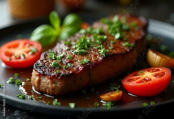 Obraz Perfectly Cooked Steak with Fresh Garnishes on Dark Marble Surface