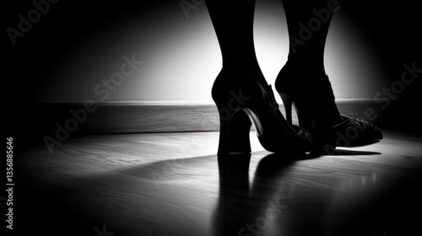 Obraz Silhouette of Elegant High Heels on a Dark Wooden Floor