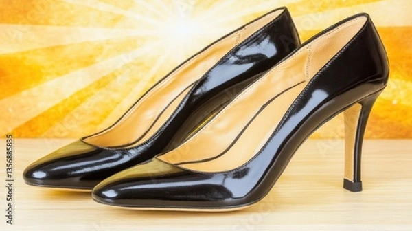 Obraz Elegant Black Patent Leather High Heels on Wooden Surface