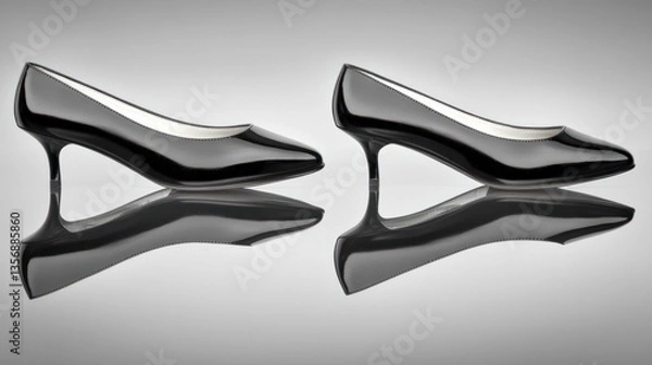 Obraz Elegant Black Patent Leather Kitten Heels,  Reflective Surface, Minimalist Fashion Photography