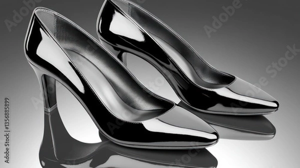 Obraz Elegant Black Patent Leather High Heels: A Stylish Footwear Close-Up