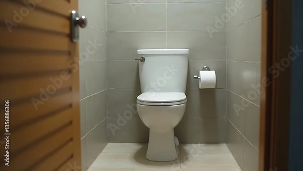 Fototapeta Modern minimalist bathroom with white ceramic toilet, beige and gray tiles, and light gray walls. Clean, neutral tones create a calm and functional space.