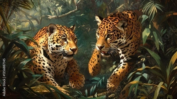 Obraz Majestic Jaguars in Lush Rainforest