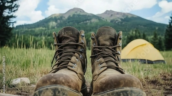 Obraz Mountain Boots and Tent in a Serene Landscape