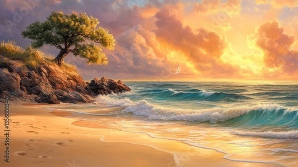 Obraz Golden Sunset Serenity: Coastal Paradise at Dusk