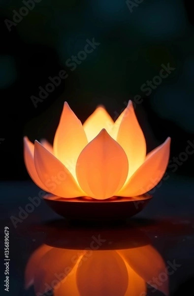 Fototapeta A postcard in honor of Malaysian Vesak Day with a holly lotus flower in water on a dark background. Calm and beautiful composition	