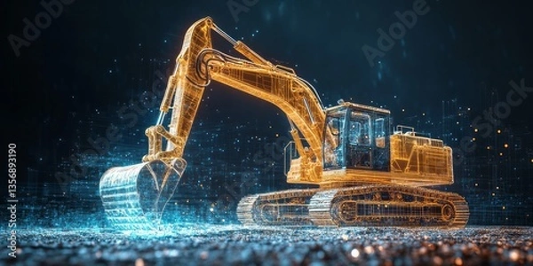 Fototapeta Illuminated wireframe excavator stands out against a digital background