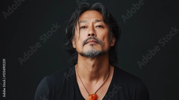 Fototapeta A mature man with silver hair portrays wisdom and experience, offering a powerful presence with deep analysis of life, set against a dramatic dark backdrop.