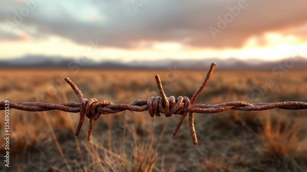 Obraz A magnificent close-up of rusty barbed wire against a picturesque sunset, embodying themes of nature’s beauty intertwined with a sense of confinement and struggle.