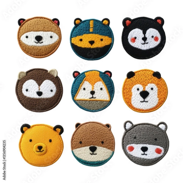Fototapeta Colorful set of six felt animal patches featuring various cute designs ideal for crafts and sewing projects , white isolate background