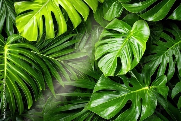 Fototapeta Lush Vibrant Green Monstera and Palm Leaves Create Dense Immersive Backdrop of Emerald Embrace in Tropical Forest Setting