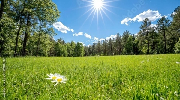 Fototapeta Sun-dd Clea Surrounded by Whispe Pines Showcasing a Single Daisy in Vibrant Green Grass under a Bright Sky