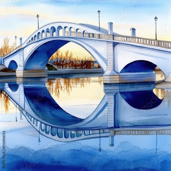 Fototapeta Golden Sunset Reflection on Alte Br?cke Arched Bridge in Calm Waters with Scenic Nature Beauty Surrounding the Scene