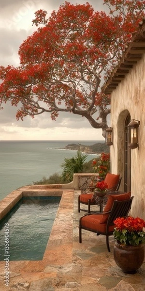Fototapeta Sunset Poolside Scene Framed by Bougainvillea Blossoms Overlooking Ocean with Inviting Orange Lounge Chairs in Background
