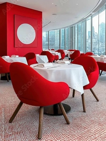 Fototapeta Modern caf? bathed in golden light highlighting red chairs and white tablecloths with laughter of unseen diners echoing softly