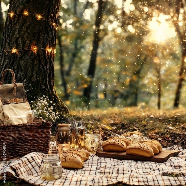 Fototapeta Sun-dd picnic scene under an oak with a vibrant blanket, crusty bread, preserves, and a wicker basket of delights