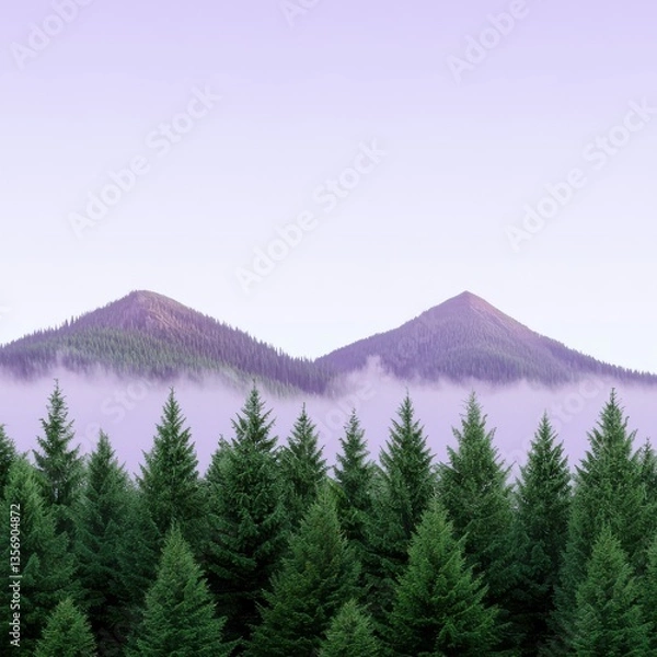Fototapeta Majestic jagged peaks rise above misty evergreen forest beneath a stunning lavender sky with softly drifting clouds overhead