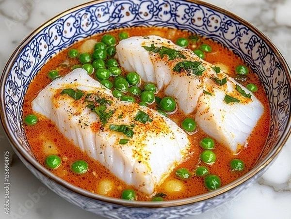 Fototapeta Vibrant Cuban fish soup featu flaky white fish fillets, golden potatoes, green peas, and a rich reddish-orange broth