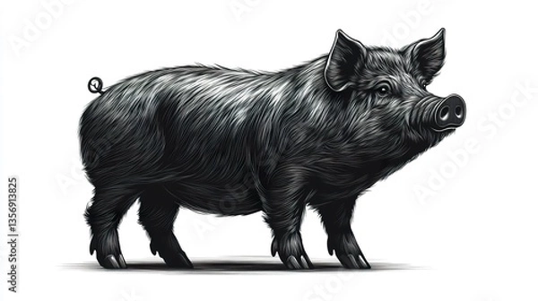 Fototapeta A solid black pig icon in profile, smooth and symmetrical, isolated on a clean white background for a striking and versatile graphic. 