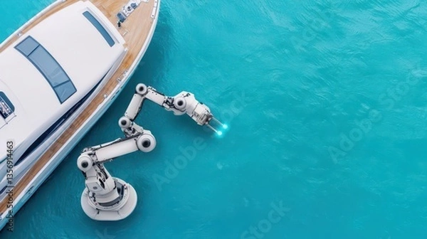 Fototapeta Robotic arms performing realtime repairs on a yacht s electrical systems, with floating holographic displays in a hightech marina