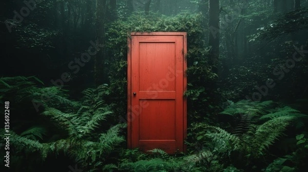 Fototapeta A captivating red door enveloped by lush moss and ferns in a mysterious forest setting, suggesting themes of exploration, nature's beauty, and the allure of the unknown.