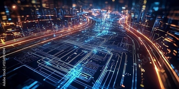 Fototapeta Illustration of IT roadmap modern technology and innovative processes, networking and big data.