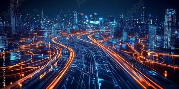 Fototapeta Illustration of IT roadmap modern technology and innovative processes, networking and big data. Generated by AI