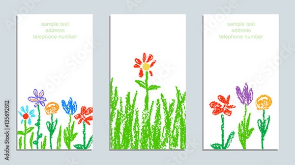 Fototapeta Set of wax crayon like kid`s drawn colorful cards with colorful flowers with green grass on white. Hand drawn art vector meadow background. Like child`s painting pastel chalk design elements