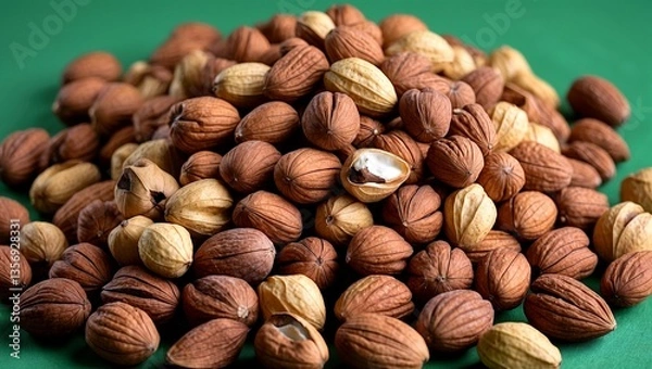 Fototapeta A colorful display of nuts on green background
