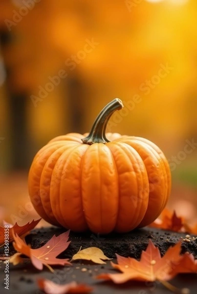 Fototapeta A Vibrant Autumn Scene Featuring a Single Ripe Pumpkin Resting Among Colorful Fallen Leaves on Dark Ground