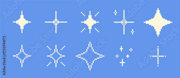 Fototapeta Pixel art sparkles. Retro night pixelated sparkling elements. Yellow and gold star and glitter games. Vector 8-bit retro style sparkle set illustration.Pixel art glowing star shapes on dark background