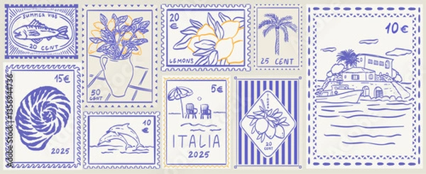 Fototapeta Scenes of Sicilia amalfi. Sticker with lemons and sea animals. Vintage Italian print, wall art print vector travel postcard stamp, summer emblem, placard or poster. Retro frame border element design.