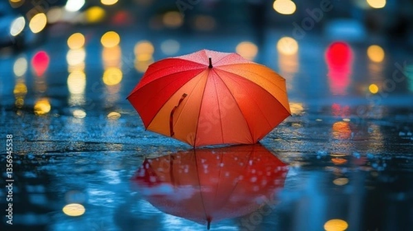 Obraz Rainy Night Cityscape: Red Umbrella Reflection