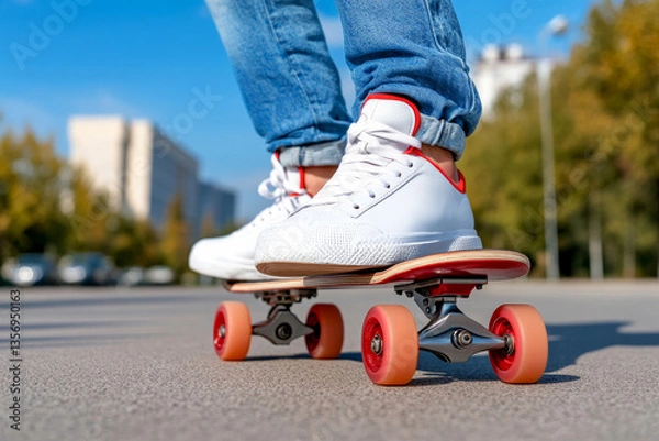 Fototapeta Close-up of a skateboarder wearing white sneakers riding a skateboard on an urban street with a blurred city background