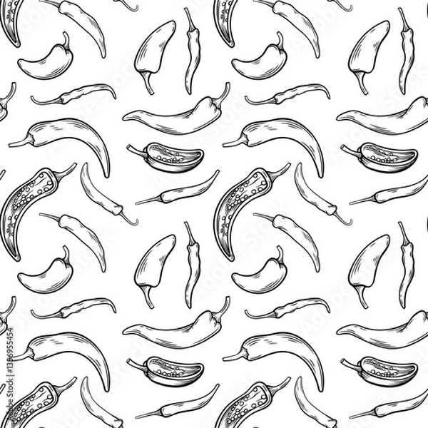 Fototapeta A seamless pattern featuring hand-drawn black and white chili peppers in various shapes and sizes. Ideal for textile designs, food packaging, restaurant menus, and spice-themed branding.