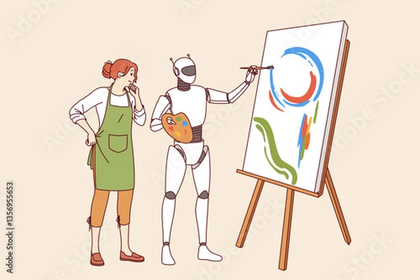 Fototapeta Robot with artificial intelligence stands next to woman artist and creates masterpiece on easel. Robot with modern technologies helps artist come up with new creative compositions and paint pictures