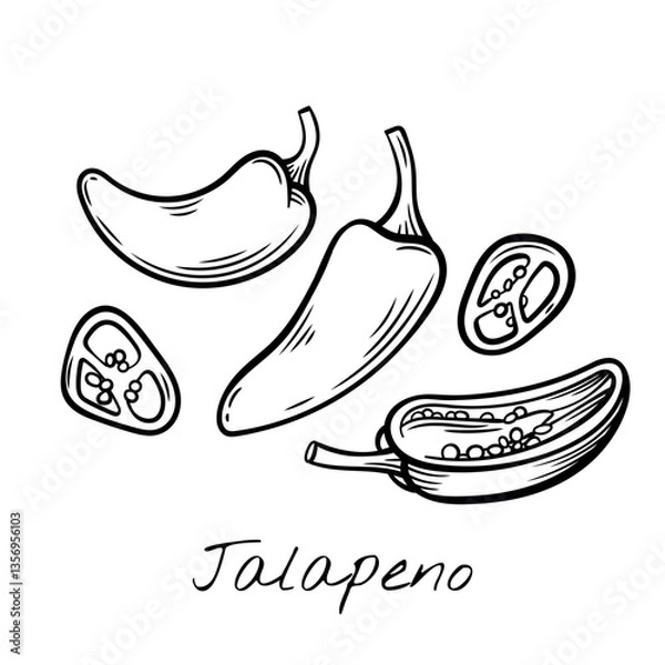 Fototapeta Hand-drawn black and white vector illustration of jalapeño peppers, whole and sliced. Vintage engraving-style, perfect for food packaging, restaurant menus, and spicy ingredient branding.