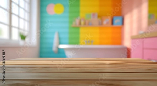 Obraz A wooden table for product placement, a colorful bathroom in the background with a bathtub, tiles in cheerful pastel colors
