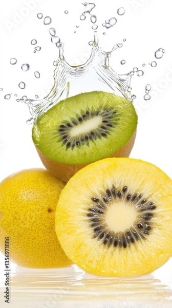 Fototapeta Kiwi halves stacked with splash on white. Food photography for healthy eating and fresh background
