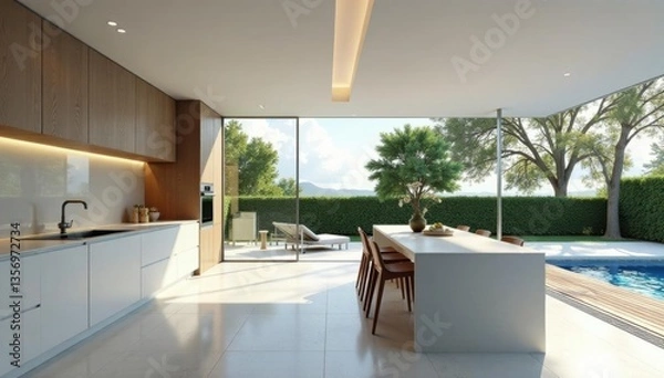 Fototapeta Sleek minimalist kitchen with pool and terrace access , design, pool view