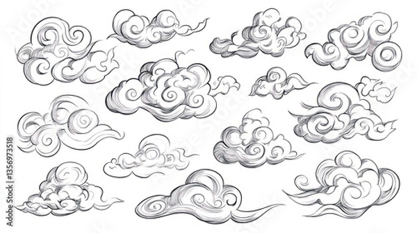 Fototapeta Collection of decorative, stylized clouds in various shapes and sizes.