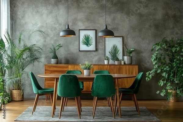 Fototapeta a stylish dining room showcasing an elegant wooden table, modern green chairs, and various decorative elements, creating a welcoming ambiance.