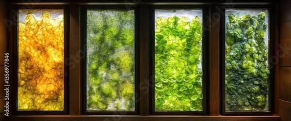 Obraz Vibrant vertical garden displayed in a series of rectangular glass panes, showcasing a spectrum of greens and yellows