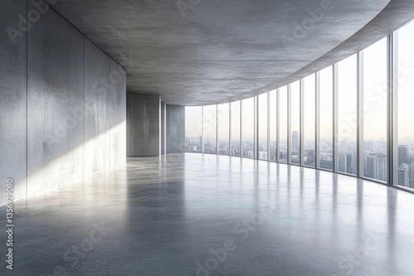 Fototapeta An empty modern interior space, with expansive windows offering a panoramic city view. The room is designed with minimalist concrete and glass. 